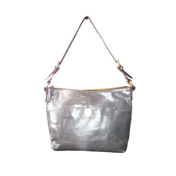 HOBO Charlie Grey Leather Shoulder Bag W/ Brown Strap & Brass Hardware 13"X9"X5" - Picture 3 of 14